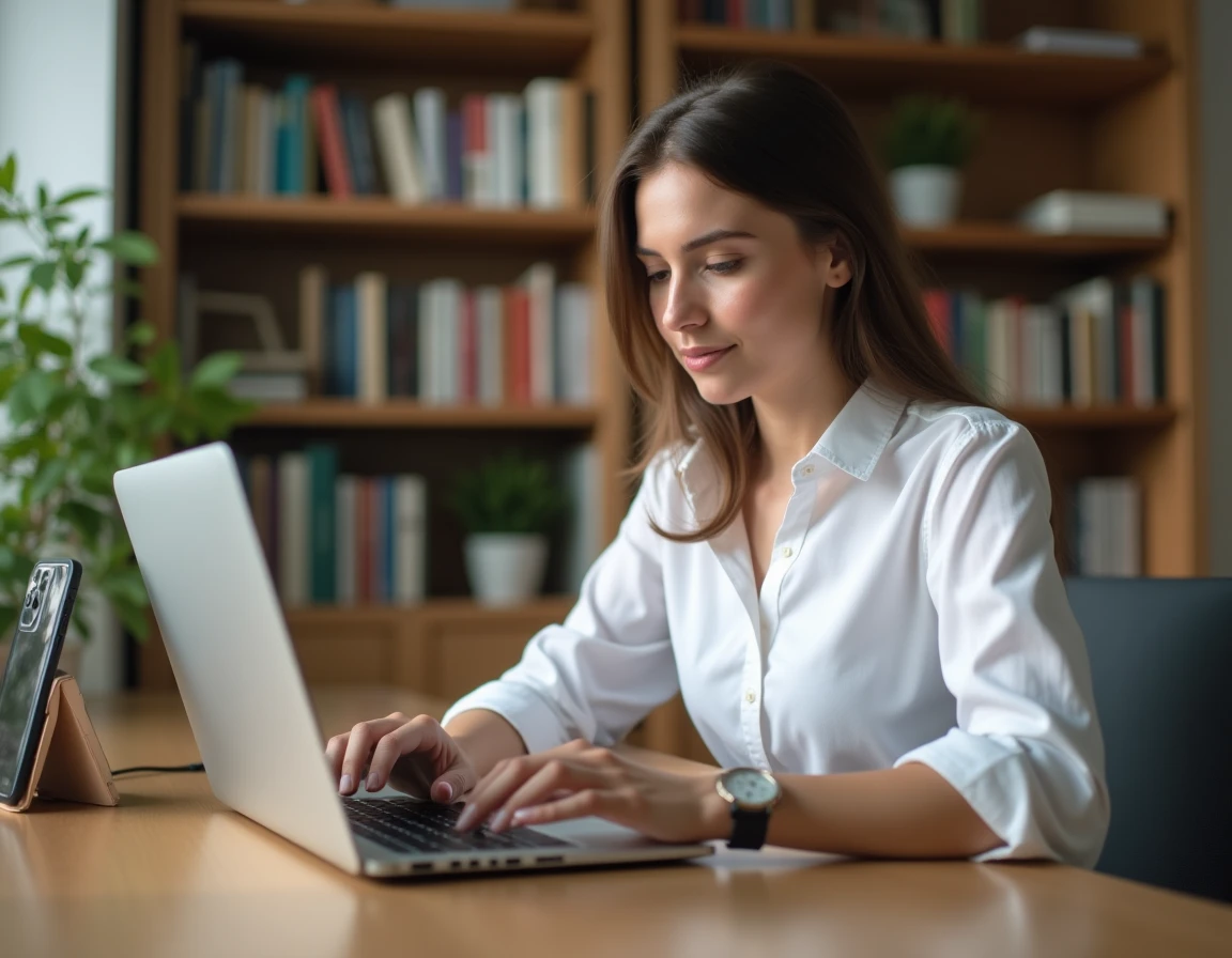 Jeune femme accédant à son webmail Nantes sur iPhone et ordinateur portable à domicile