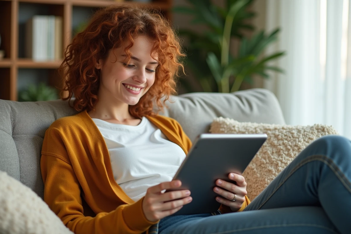 Jeune femme lisant ses mails via Webmelanie2 sur une tablette dans un salon cosy