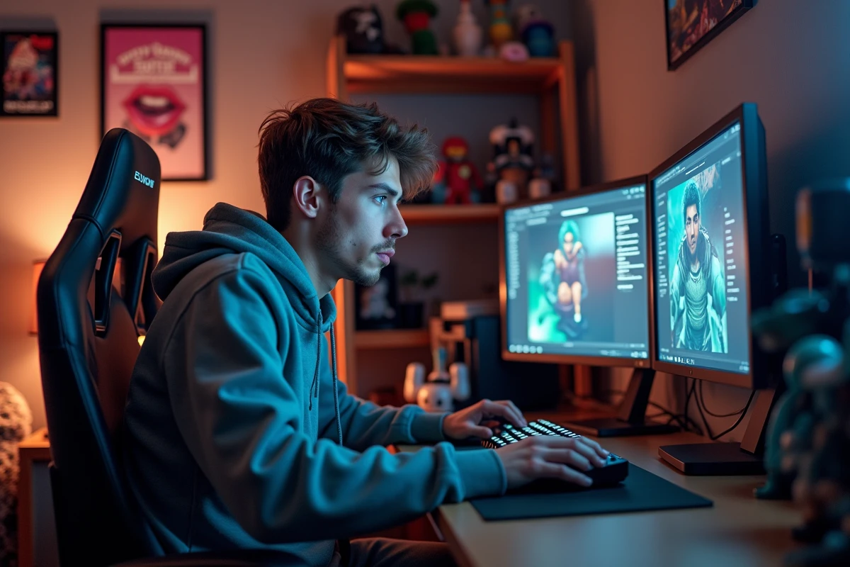 Jeune homme concentré sur son clavier gaming dans une chambre cosy