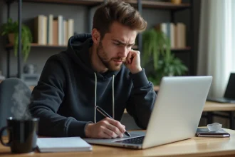 Jeune homme concentré travaillant sur son ordinateur dans un bureau à domicile