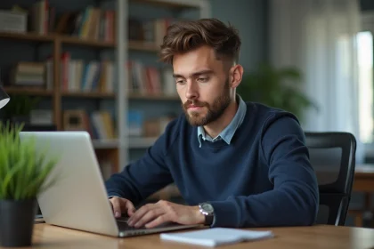 Jeune homme concentr&eacute; sur son ordinateur dans un bureau &agrave; domicile