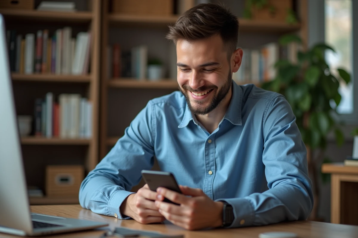 Jeune homme souriant utilisant son smartphone dans un bureau cosy