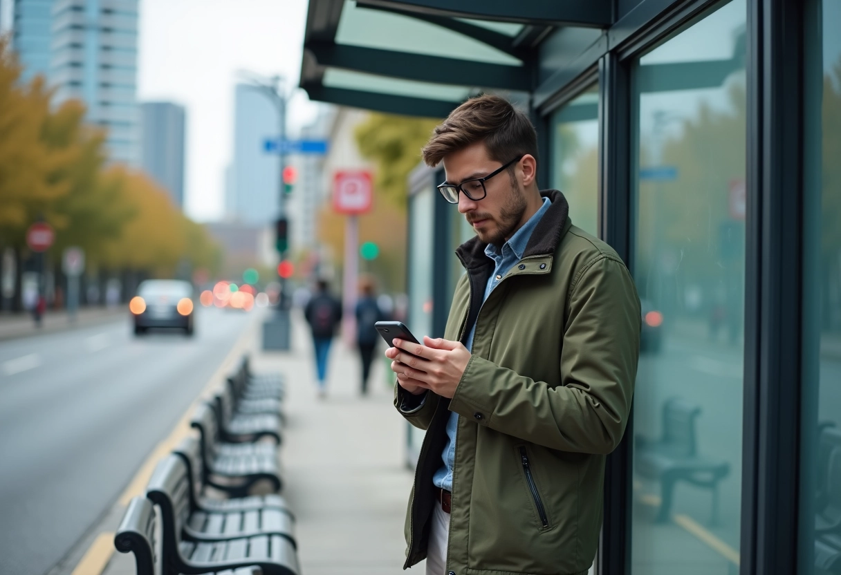 Jeune homme au arrêt de bus utilisant son smartphone