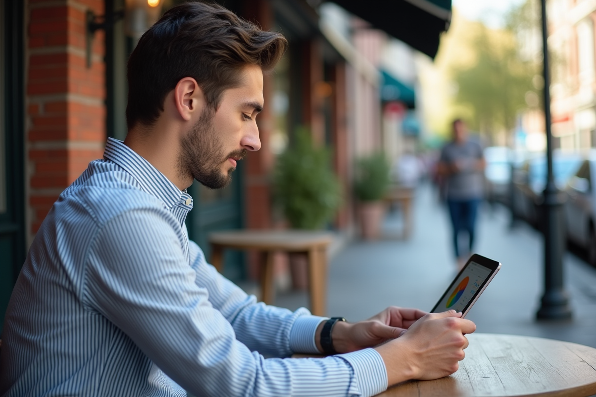 Jeune homme utilisant une tablette en terrasse de café