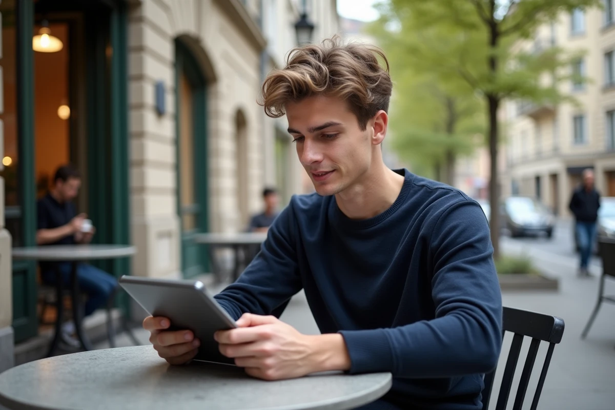 Jeune homme au caf&eacute; &agrave; Grenoble avec tablette