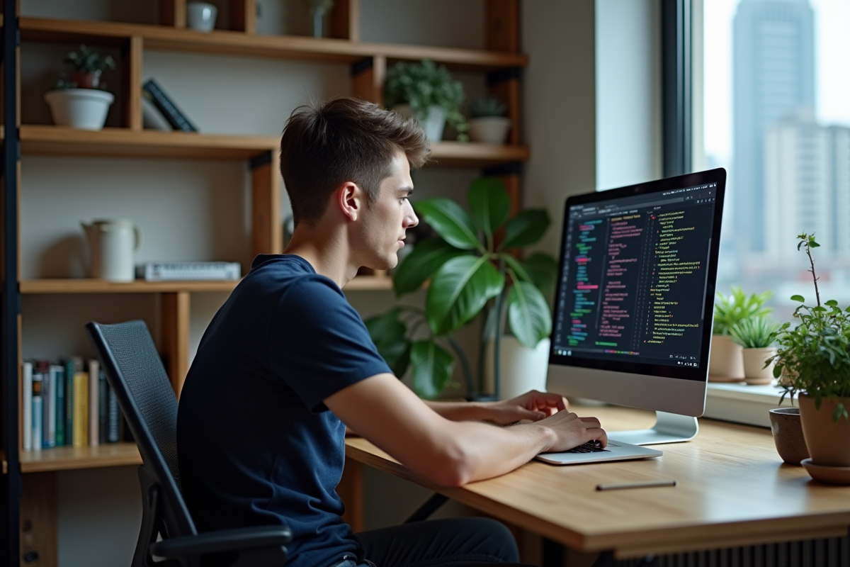 Jeune homme en jeans code sur un ordinateur portable dans un bureau moderne