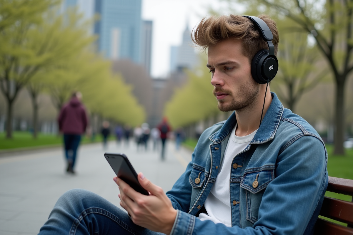 Jeune homme écoute un podcast dans un parc urbain