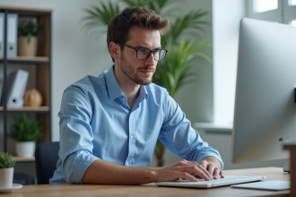 Jeune homme en bleu utilisant un convertisseur numérique
