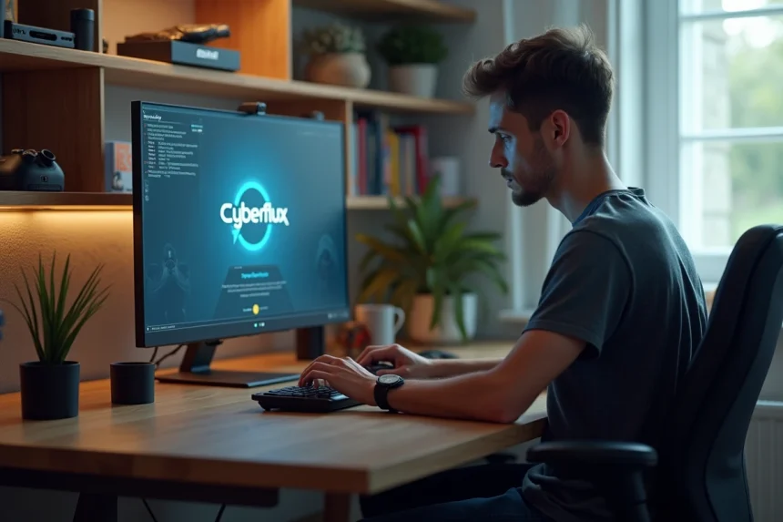 Jeune homme concentré devant un moniteur avec Cyberflux launcher