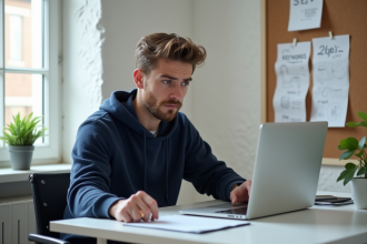 Jeune homme en hoodie regarde son ordinateur dans un bureau moderne