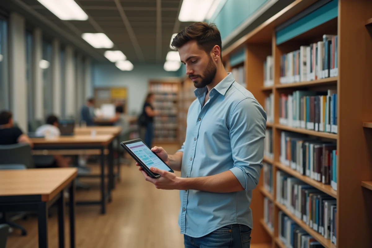 Jeune homme dans une bibliothèque consultant une tablette