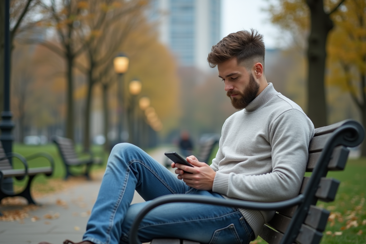 Jeune homme seul sur un banc de parc utilisant son smartphone