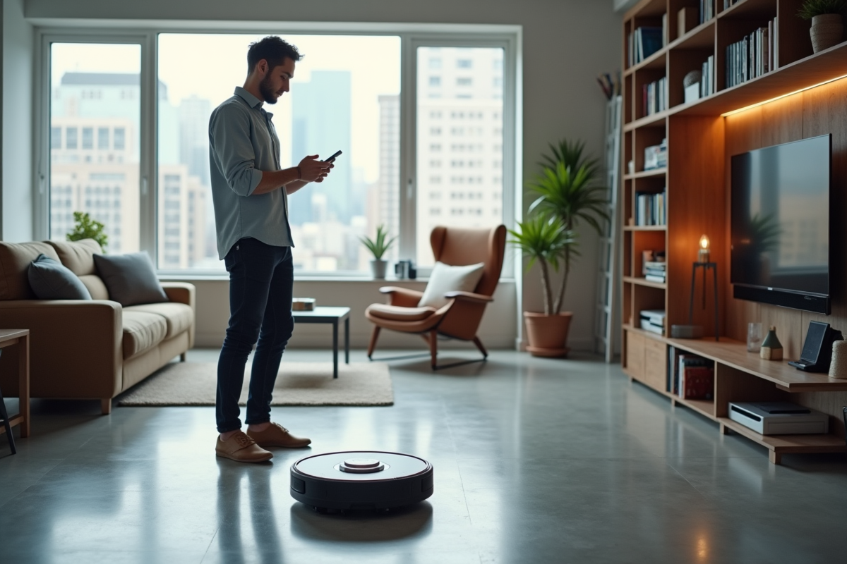 Jeune homme utilisant une application pour contrôler un robot aspirateur