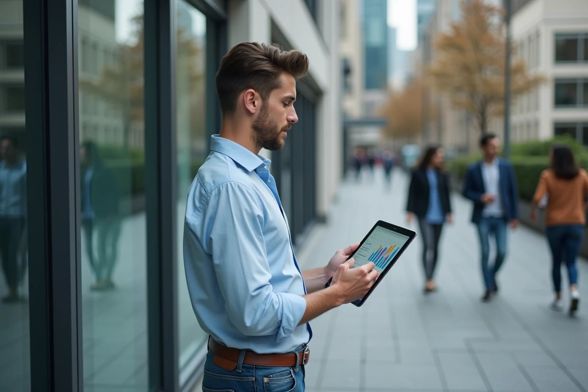 Jeune homme &eacute;valuant des graphiques sur une tablette en ext&eacute;rieur urbain