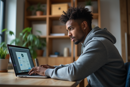 Jeune homme avec laptop affichant VPN dans un appartement