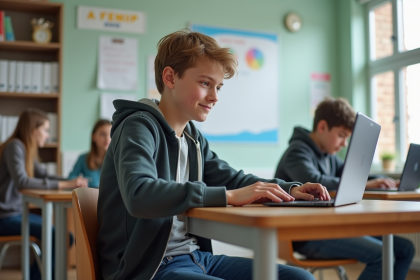 Jeune lyceen en classe avec ordinateur portable