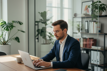 Jeune homme professionnel au bureau avec ordinateur et bureau moderne
