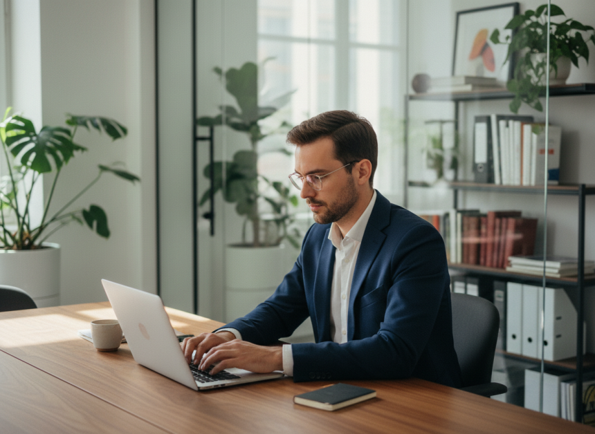 Jeune homme professionnel au bureau avec ordinateur et bureau moderne