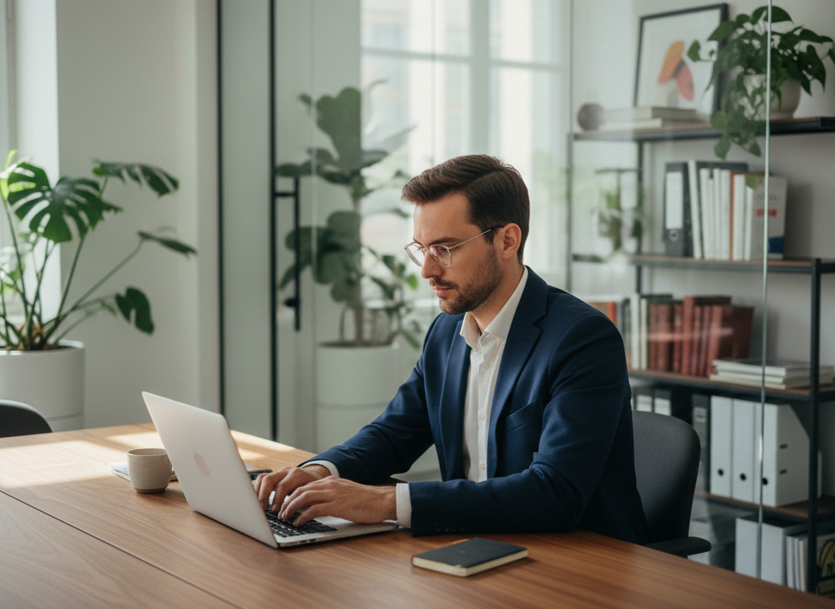 Jeune homme professionnel au bureau avec ordinateur et bureau moderne