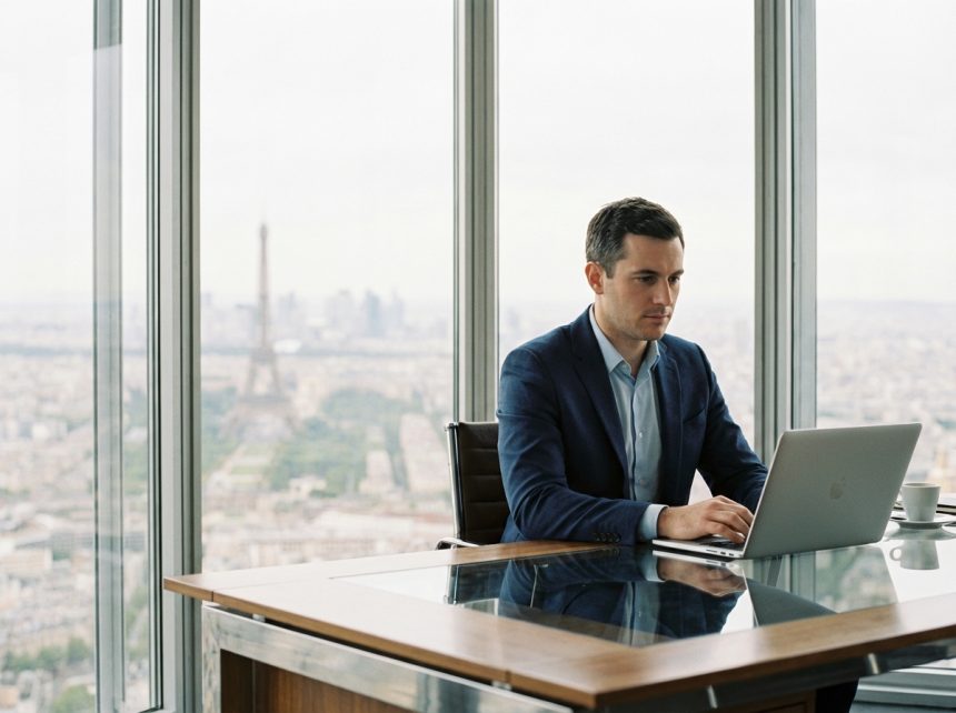 Jeune homme d'affaires en costume dans un bureau parisien