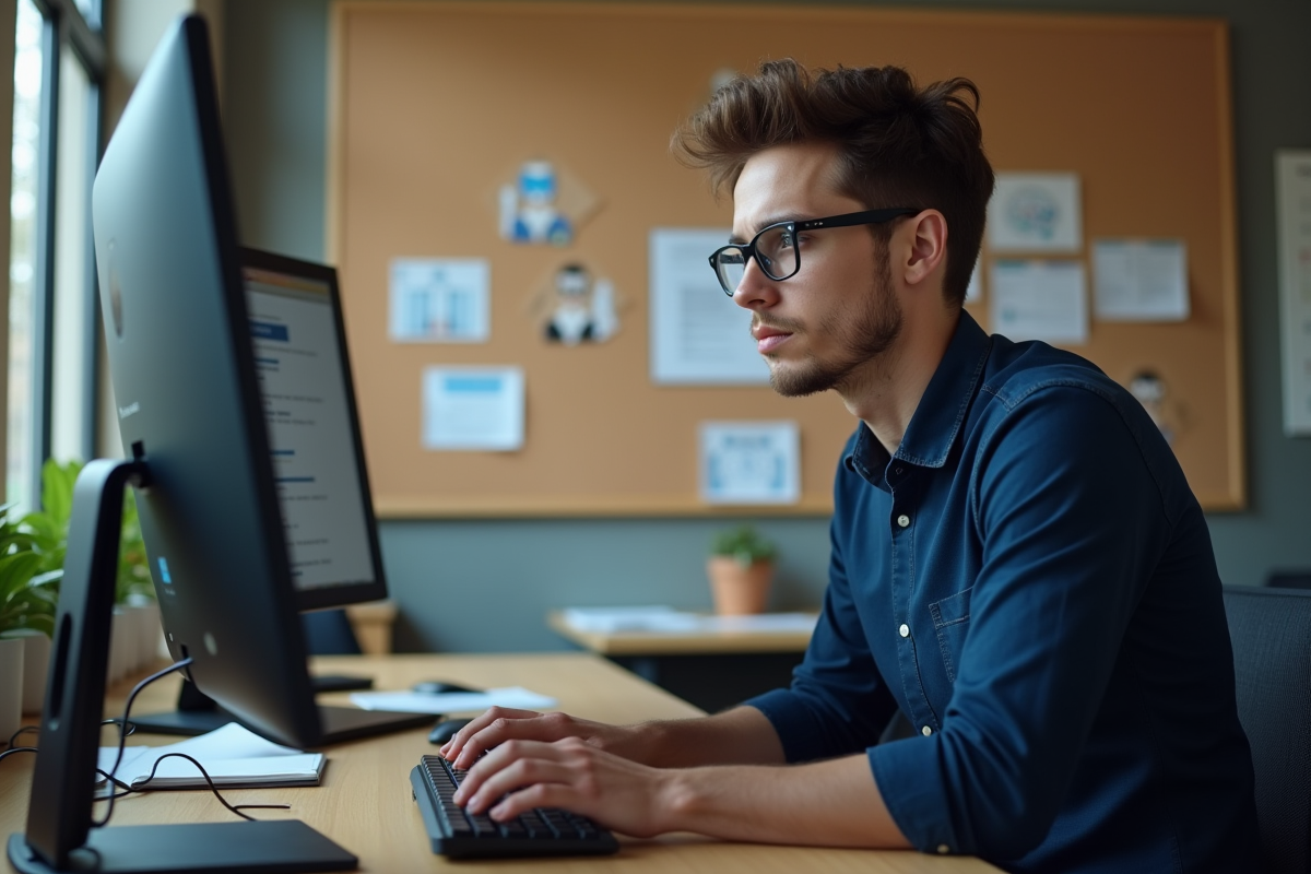 Jeune homme spécialiste informatique concentré sur son ordinateur