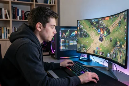 Joueur de League of Legends concentré devant son écran avec des statistiques de joueurs visibles