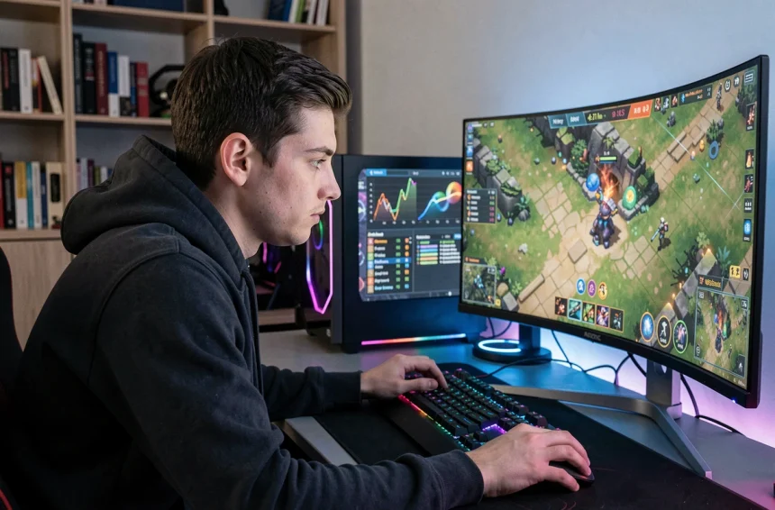 Joueur de League of Legends concentré devant son écran avec des statistiques de joueurs visibles