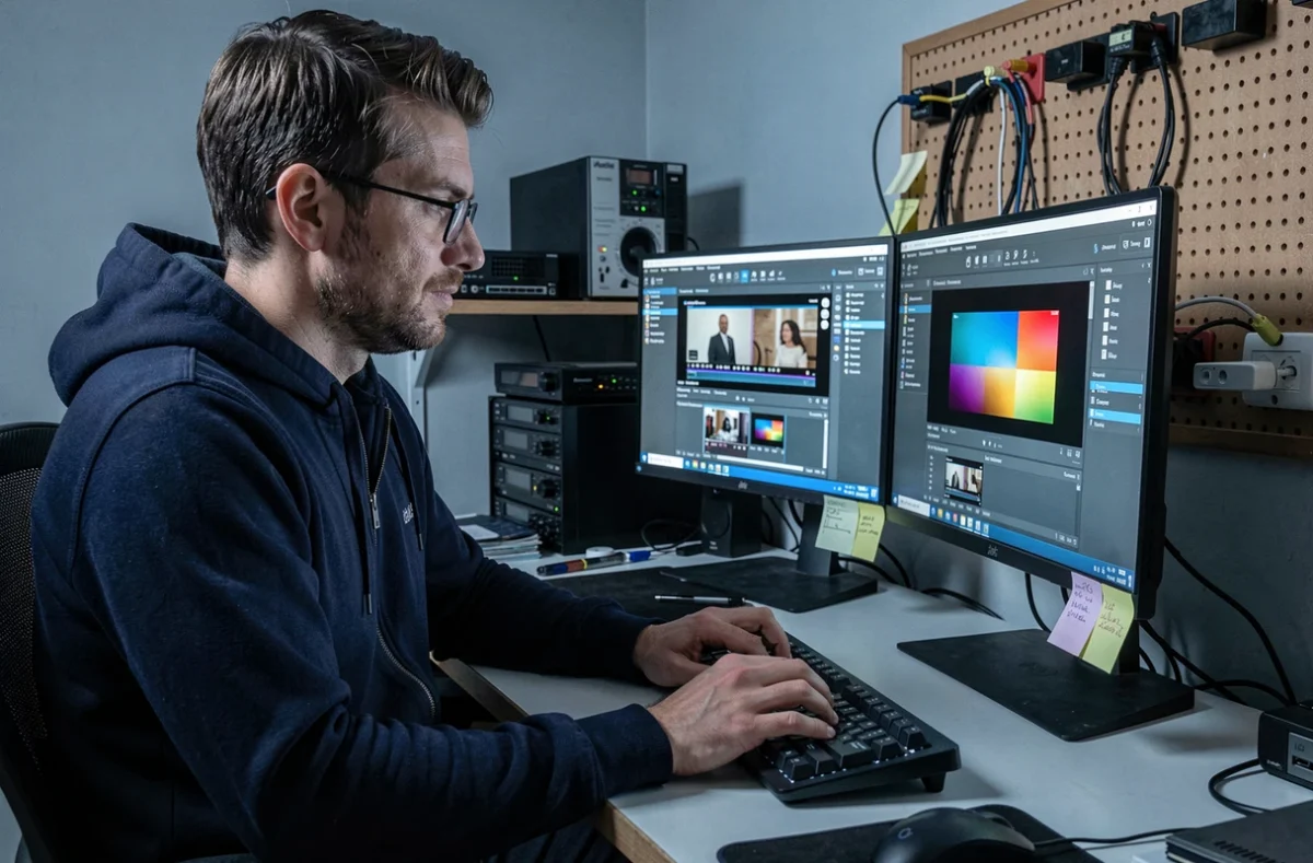 Homme utilisant un logiciel de conversion vidéo sur un poste de travail professionnel avec double écran
