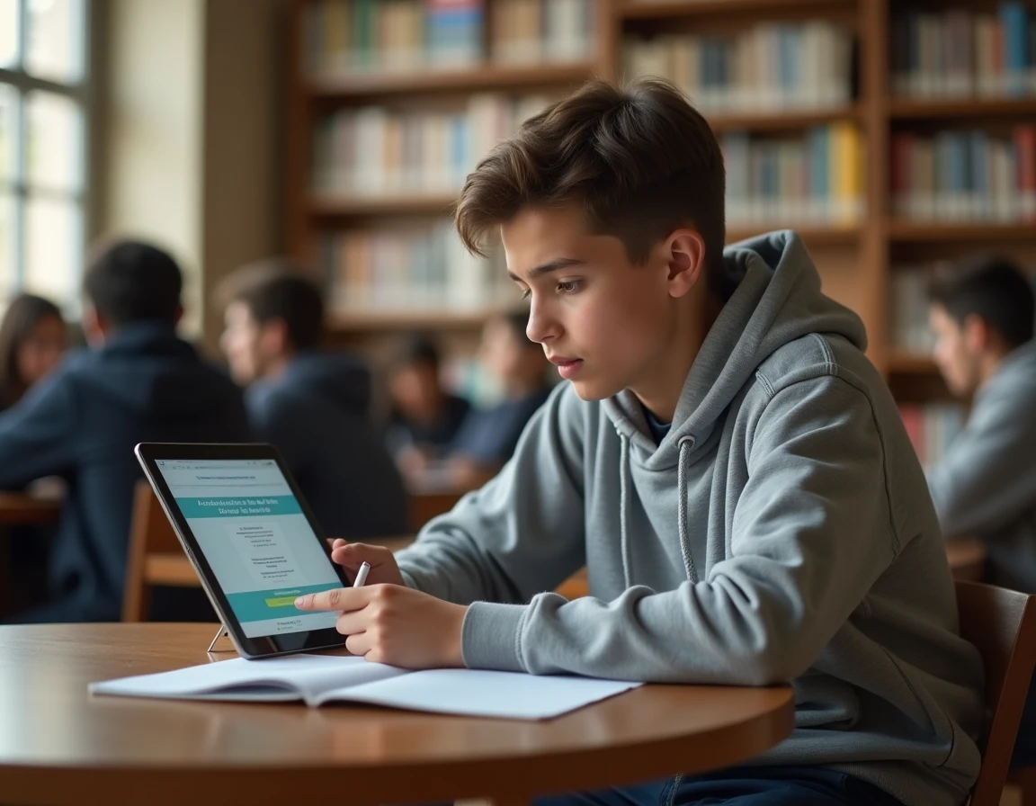 Lycéen consultant son adresse mail académique Amiens sur une tablette dans une bibliothèque scolaire