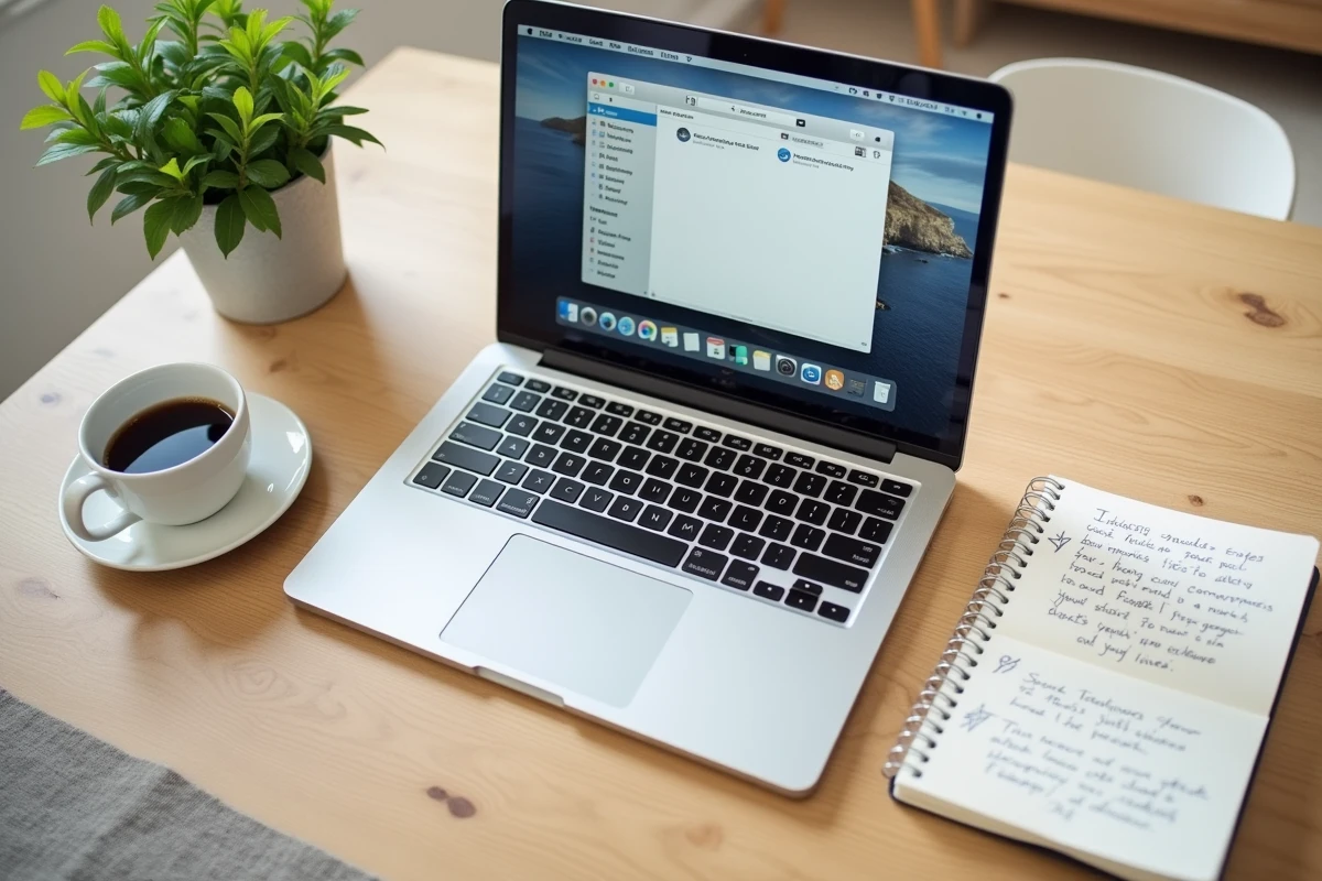 Vue du dessus d'un MacBook Pro ouvert sur le dossier cache macOS dans le Finder, posé sur une table en bois avec un carnet de notes