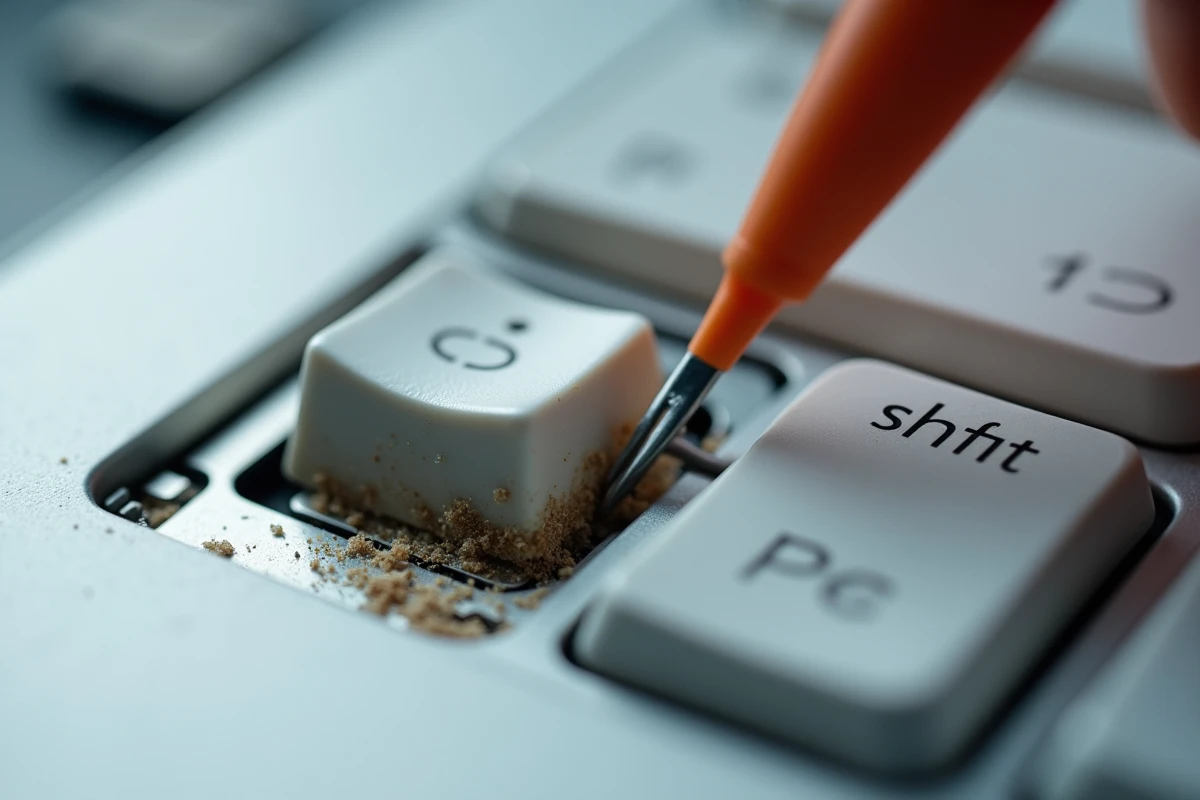 Gros plan macro d'une touche Maj de MacBook Pro soulevée révélant de la poussière et des débris accumulés sous le mécanisme scissor-switch du clavier