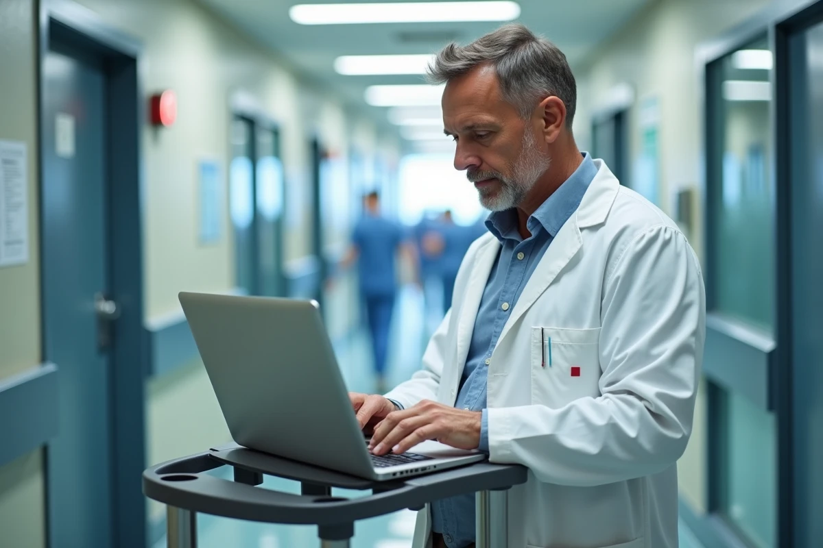 Médecin contractuel consultant sa messagerie professionnelle Zimbra sur un chariot informatique en couloir d'hôpital