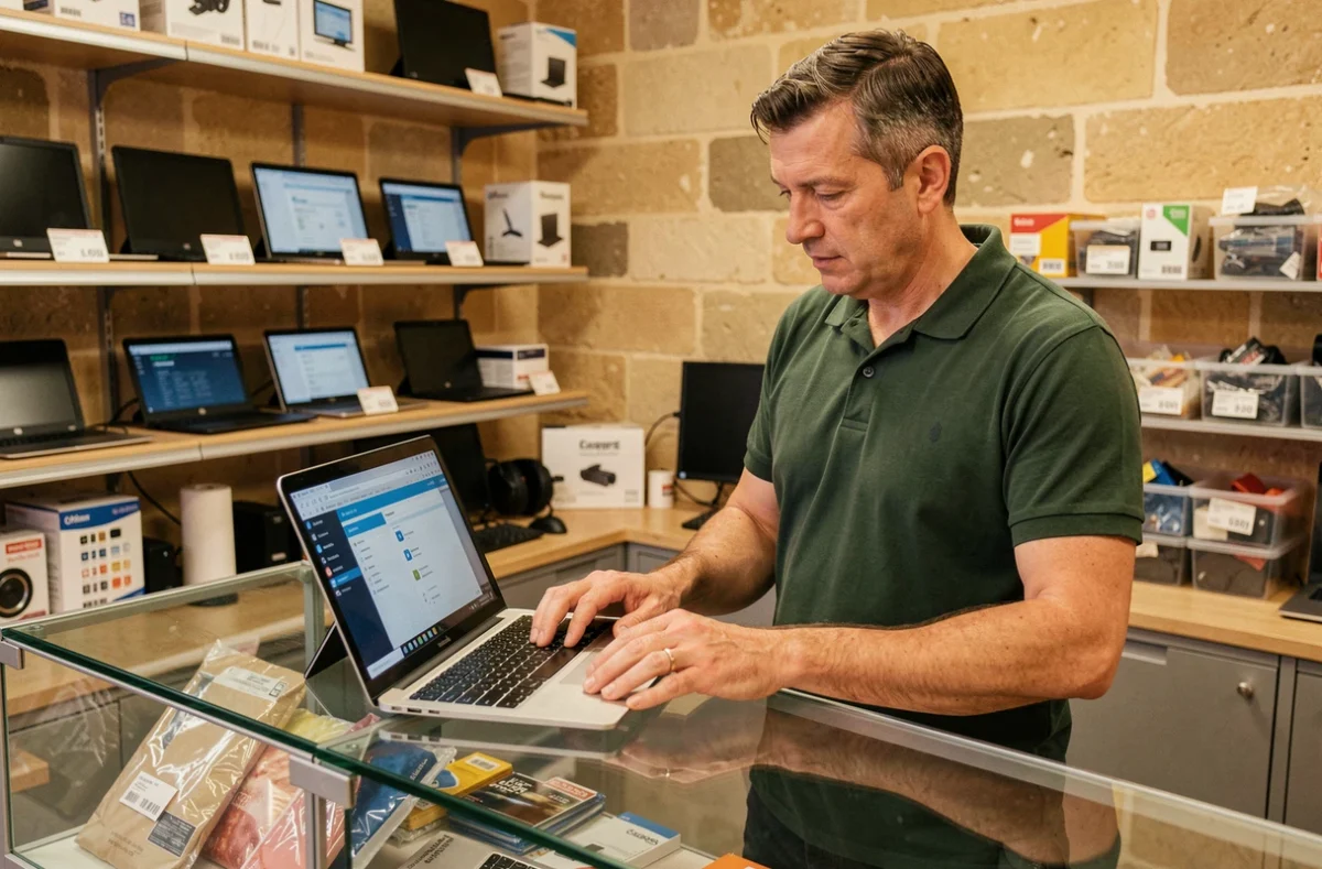 Technicien vérifiant un ordinateur reconditionné dans une boutique informatique à Albi, représentant Micro-Cité Albi dans le Tarn