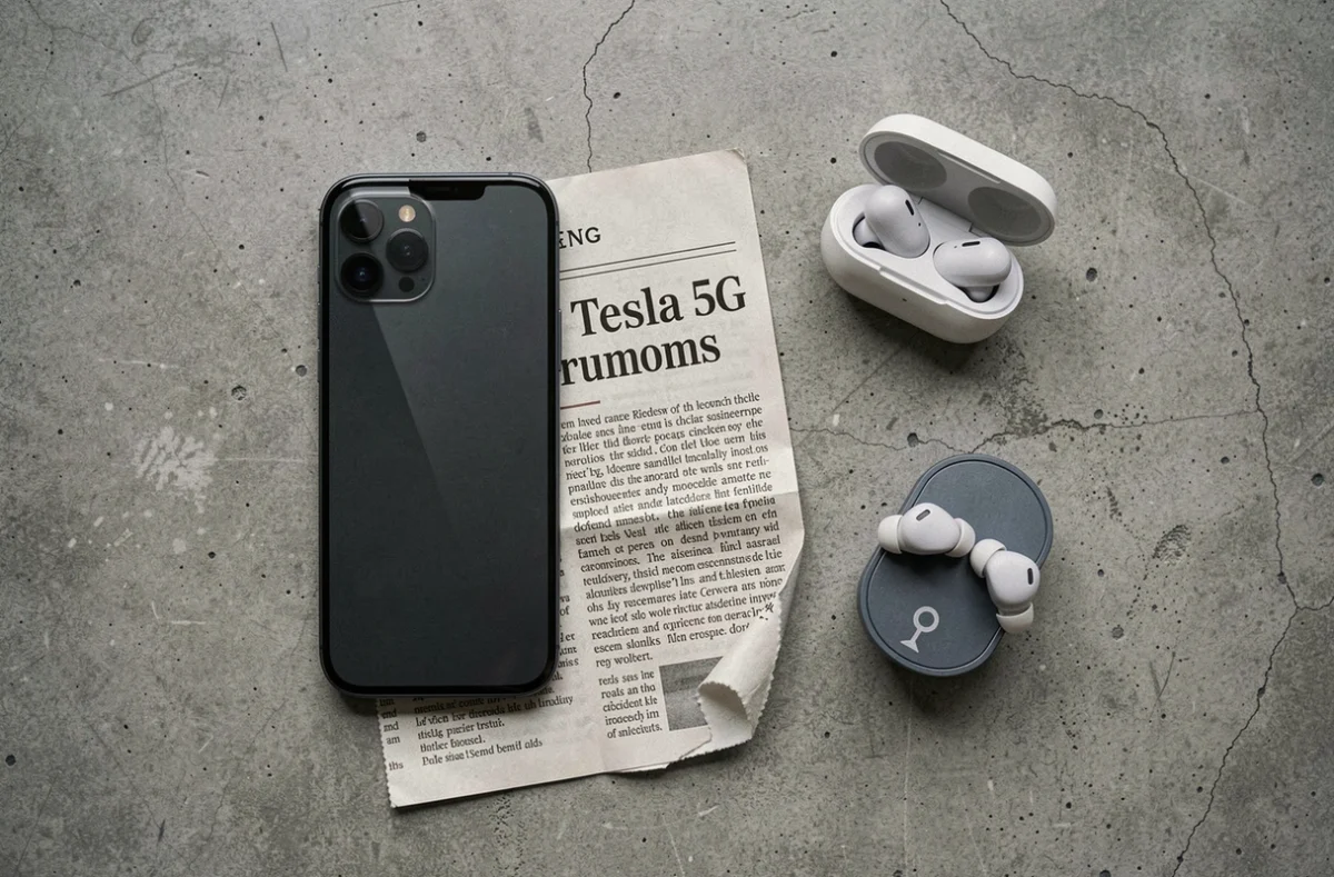 Mise à plat éditoriale avec smartphone Tesla concept, coupure de presse sur les rumeurs 5G et accessoires technologiques