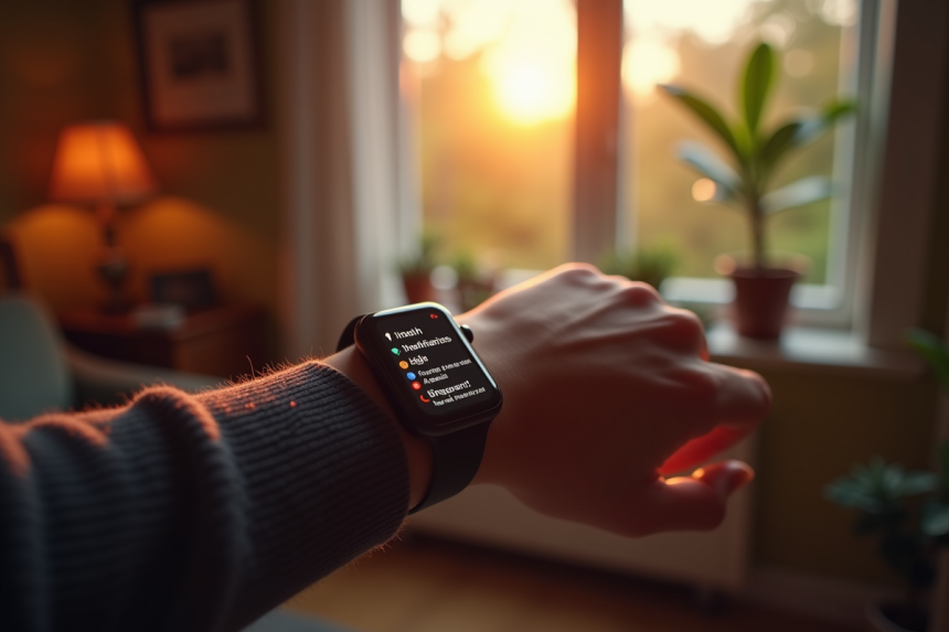 Smartwatch moderne avec notifications dans un cadre cosy