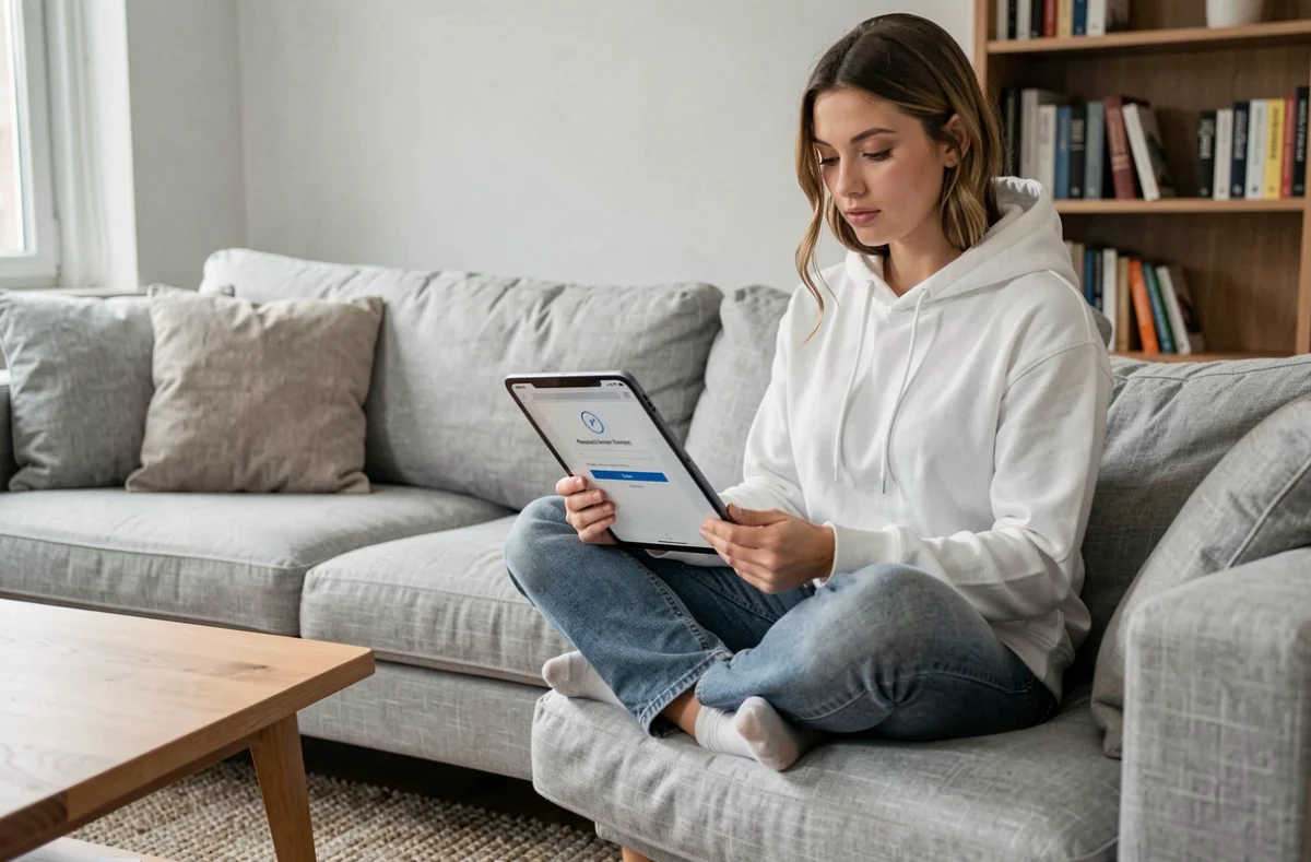 Jeune femme réinitialisant son mot de passe Mail Versailles sur tablette dans un salon moderne