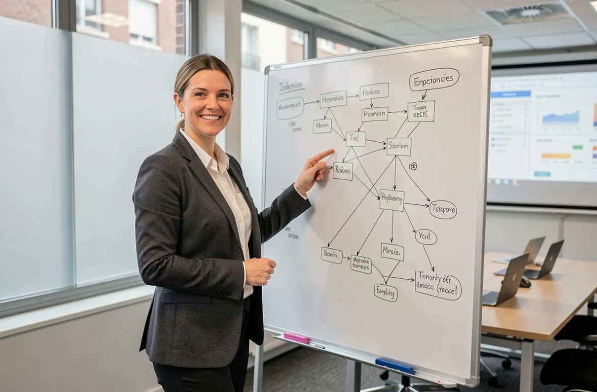 Consultante Neatem présentant une architecture réseau sur tableau blanc en salle de réunion