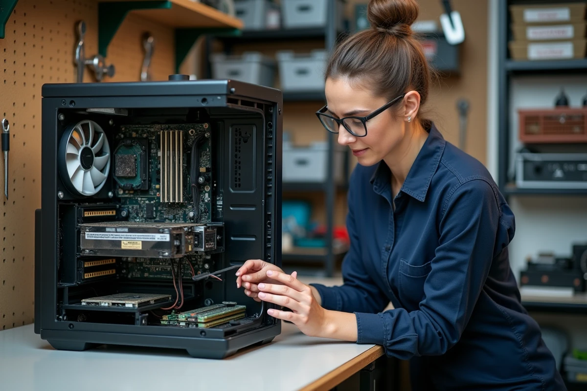 Femme technicienne nettoyant l'intérieur d'un PC de bureau pour résoudre des problèmes de plantage et de lenteur