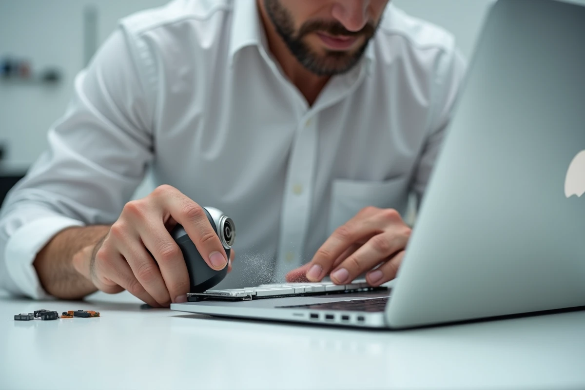 Homme soufflant de la poussière sous une touche de clavier MacBook retirée avec une bombe à air comprimé sur un établi de réparation minimaliste