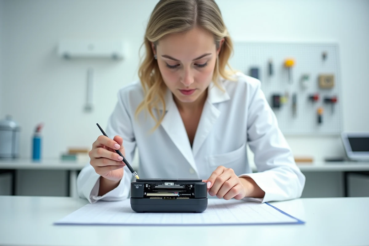 Technicienne nettoyant la tête d'impression d'une mini imprimante portable avec un pinceau dans un atelier technique