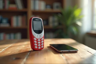 Nokia 5310 blanc et rouge posé sur un bureau en bois avec un smartphone moderne en comparaison