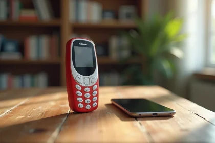 Nokia 5310 blanc et rouge posé sur un bureau en bois avec un smartphone moderne en comparaison