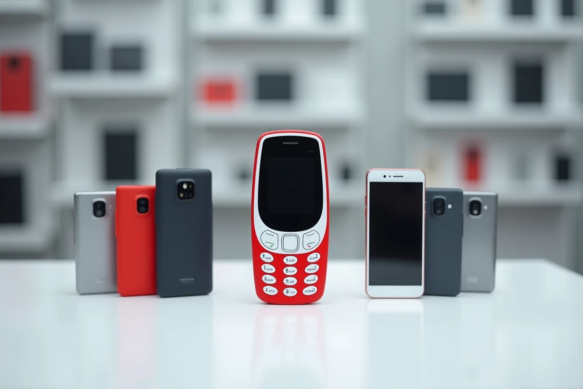 Nokia 5310 blanc et rouge aligné avec plusieurs smartphones récents sur une surface de vente minimaliste