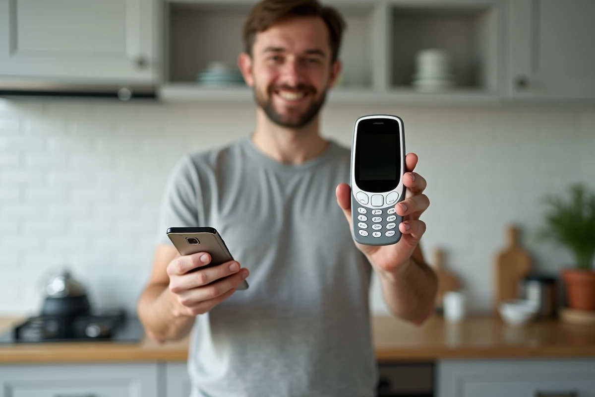 Personne tenant un Nokia 5310 et un smartphone récent pour une comparaison directe en main