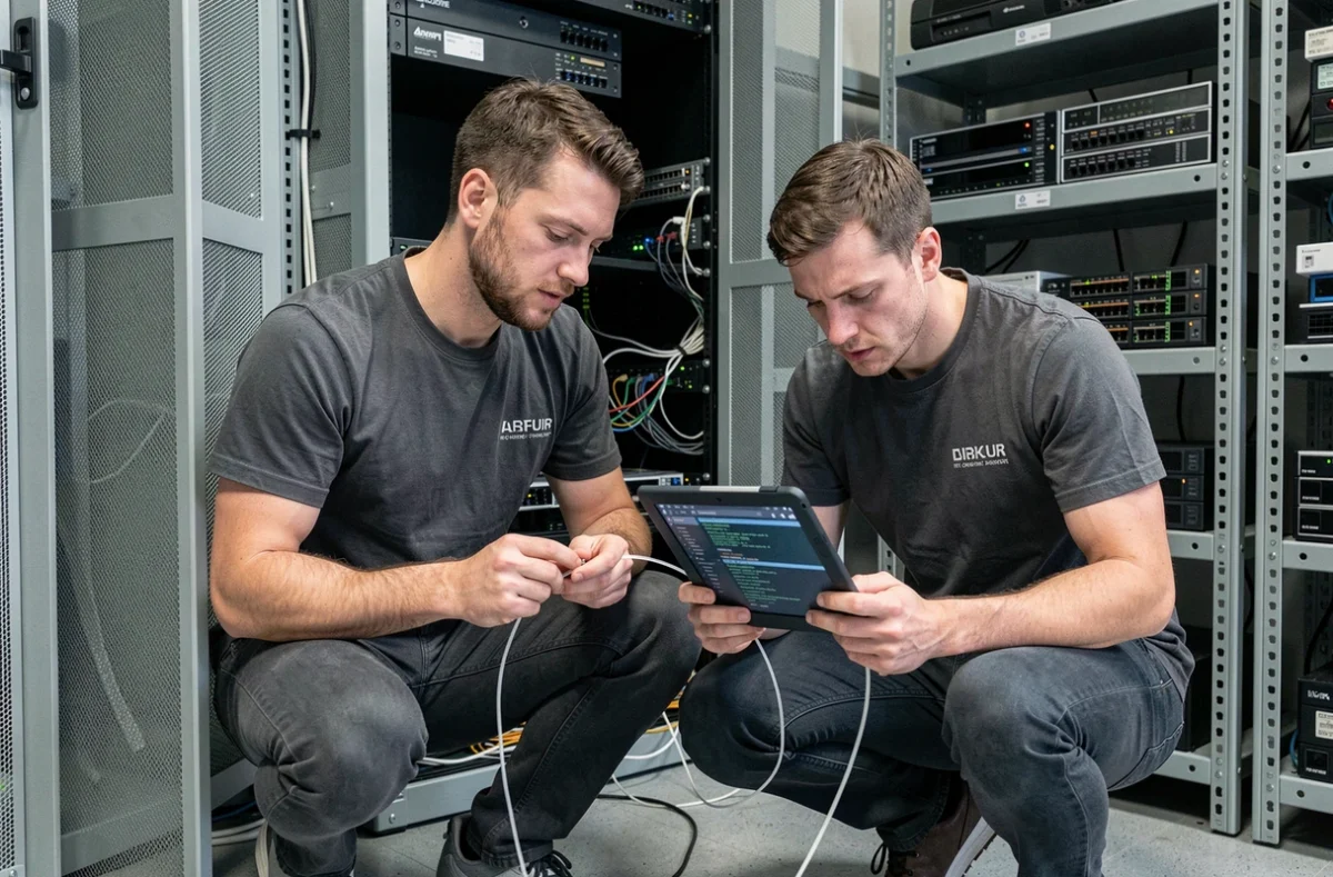 Deux techniciens NowTeam en intervention sur un rack serveur dans une salle technique
