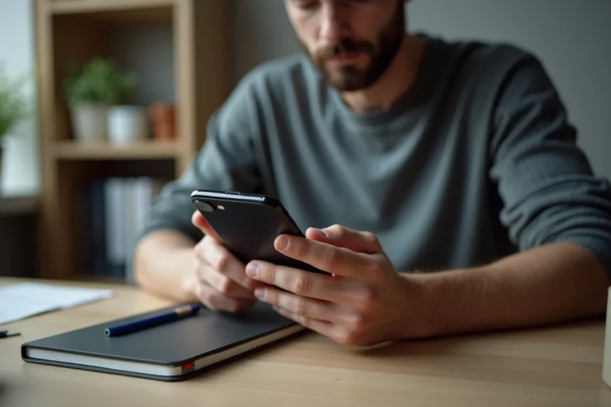 Homme optimisant les paramètres de son Google Pixel 8a dans un bureau à domicile moderne