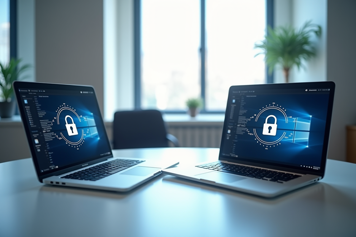 Deux ordinateurs portables affichant IPsec et OpenVPN en réseau sécurisé