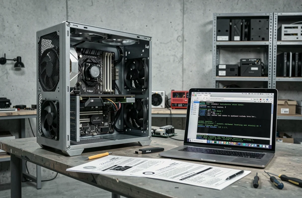 PC personnalisé hackintosh ouvert sur un établi avec un MacBook affichant des commandes de téléchargement d'image ISO macOS