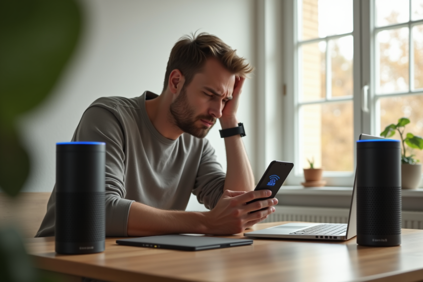 Personne frustrée face à un haut-parleur intelligent Alexa