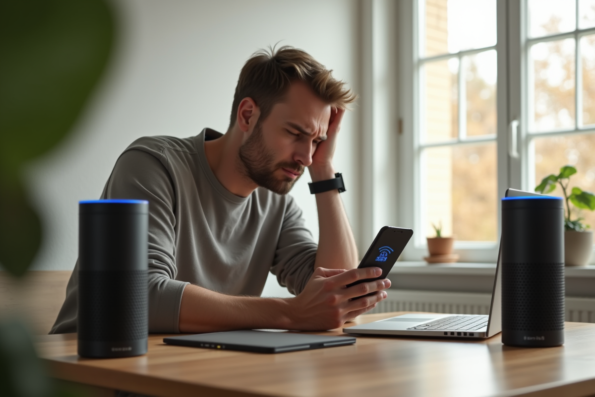 Personne frustrée face à un haut-parleur intelligent Alexa